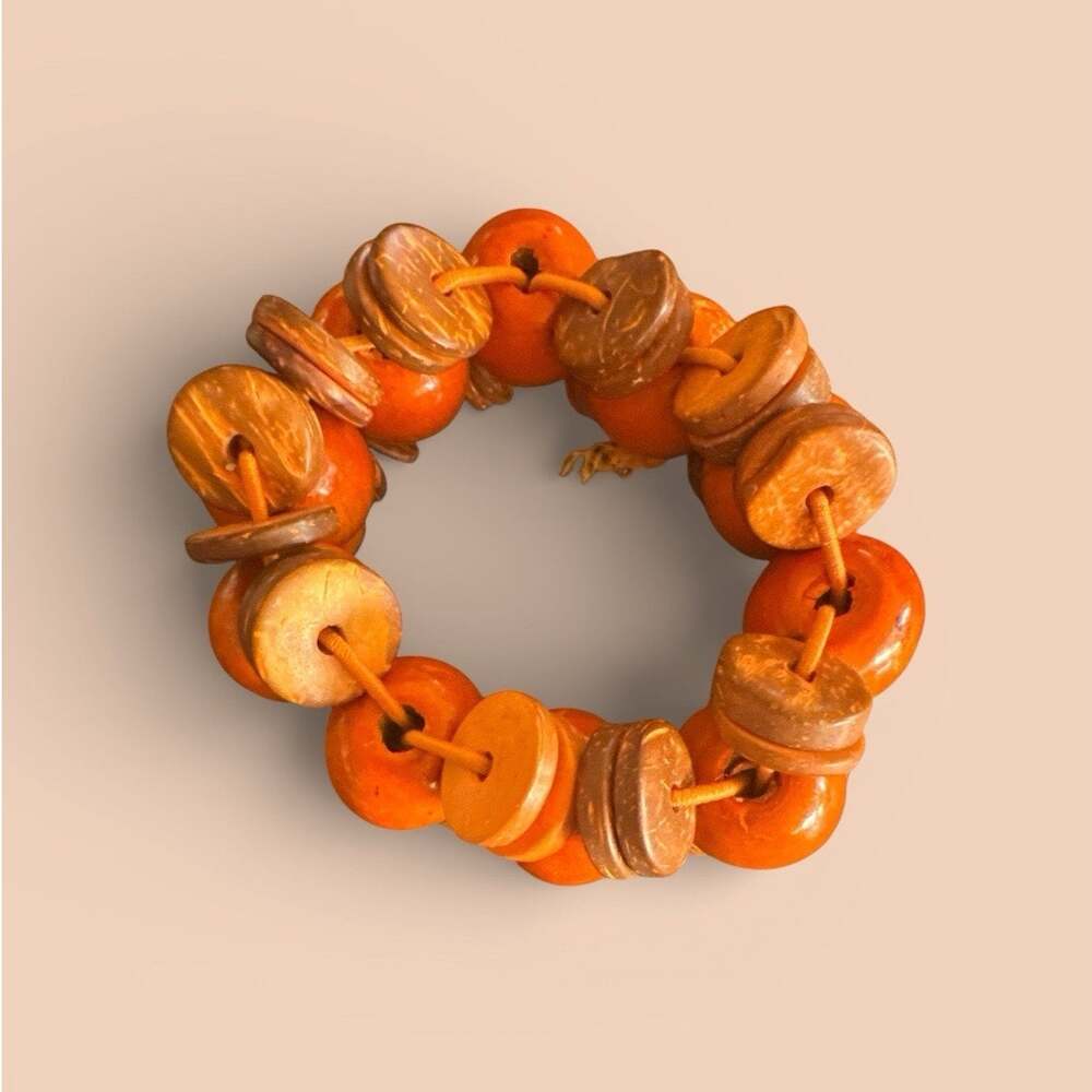 Vivacious Orange Earthy Brown Wooden Accent Stretchy Bracelet Boho Fiji Fabulous